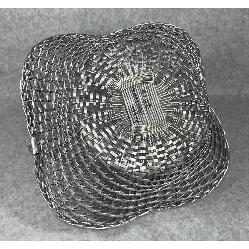 VTG Silver Tone Metal Woven Wire Basket With Fold Down Handle Decor Centerpiece - Picture 6 of 14